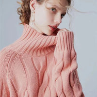 Women's High Neck Thickened Idle Style Pullover Cable-knit Sweater