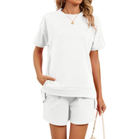 Crew-neck Slit Loose-fitting Top T-shirt With Pockets And Drawstring Shorts