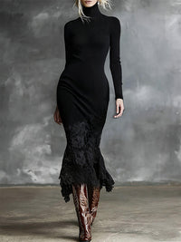 Turtleneck Knit Dress With A Lace Hema Sophisticated Mid-length Skirt