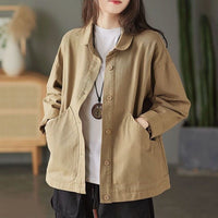 Retro Twill Cotton Large Pocket Single Breasted Loose Casual Top