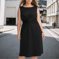 Sleeveless Cross-Collared Waist-Cinching Black Elegant Commuter Midi Dress