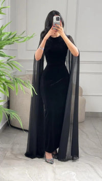 Womens Fashion Velvet Sheath Dress With Cape Sleeves