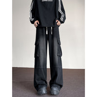 Washed Vintage Denim Men's Versatile Wide-Leg Multi-Pocket Casual Pants