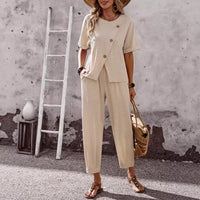 Elegant Buttoned Short-Sleeve Pants Casual Two-Piece Set
