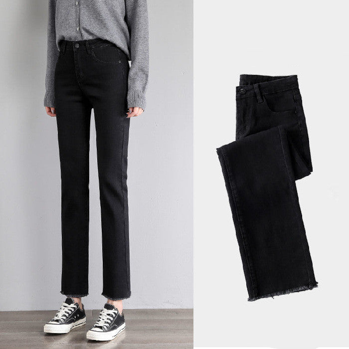 High Waist Slim Black Straight-leg Pants Cropped Jeans