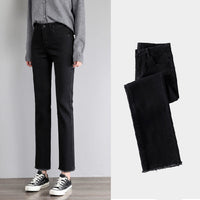 High Waist Slim Black Straight-leg Pants Cropped Jeans