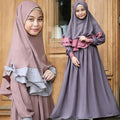 Girls Long Sleeve Color Matching Ruffle Lace Dress Bow Knot Turban