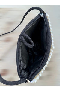 Women Black Pearl Design Classic Shoulder Bag Elegant Daily Handbag
