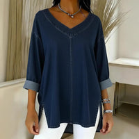 Female Solid Color Casual Street-Style Denim V-Neck Top