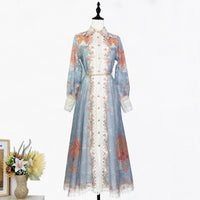 Printed Collar Single Breasted Lace Dress