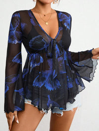 V Neck Mesh Tie Dye Resort Style Womens Top
