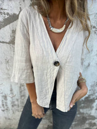Casual Women's V-neck Cotton And Linen Solid Color ShirtT-shirt