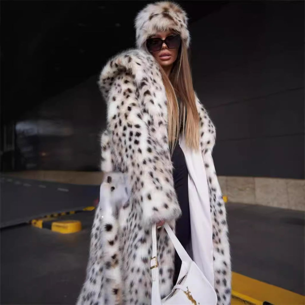 Leopard Print Hooded Toka Long-cut Thick Warm Mink Velvet Trench Coat