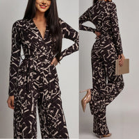 European And American V-neck Printed Long-sleeve Jumpsuit