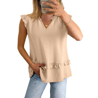 Womens V-Neck Ruffle-Trim Loose Casual Shirt