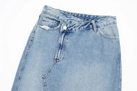 Women's Diagonal Patchwork Mid Rise Denim Skirt