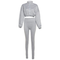Drawstring Waist Zippered Midriff Baring Top Paired With High Waisted Solid Color Slim Fit Pants