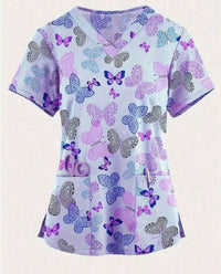 Plus Size Women's Vibrant Print Scrub Top Casual V-Neck Short Sleeve