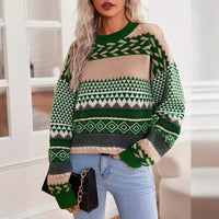 Pullover Round Neck Long Sleeves Contrast Color Diamond Patterns Sweater