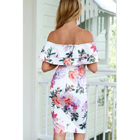 Off-Shoulder Ruffled Hem Printed Slim-Fit Pencil Dress