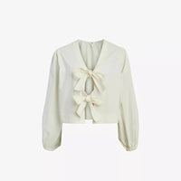 Fashion Inside-out Wear Bow Solid Color Pleating Long Sleeve Top