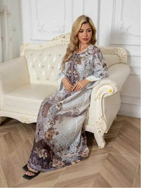 Elegant Floral Print Long Sleeve Abaya Dress