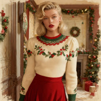 Womens Christmas Top Crew-neck Sweater In Faux Wool