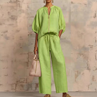 Solid-color Casual Loose-fitting Zip-up Sweatshirt And Straight-leg Pants Set