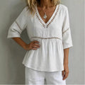 Solid-color V-neck Hollow-out Casual Fringed Top