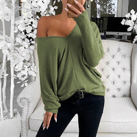 V-neck Lapsed Sleeves Loose Long-sleeved Top T-shirt For Women