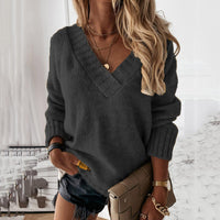 Solid-color Womens V-neck Long-sleeve Pullover Knit Top