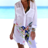 3D Casual Women's Clothing Bird-and-flower Painting Printed Beach Vacation Blouse