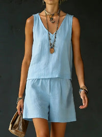 Sleeveless Linen Cotton Top Vest And Shorts Womens Solid Color Two-Piece Set
