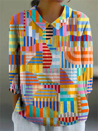 European And American Style Long-Sleeve Chinese-Style Bamboo-Stripe Linen Lapel Printed Fashionable All-Match Shirt