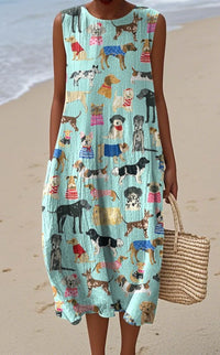 Pocketed Crew-neck Dress With Geometric And Floral Elements