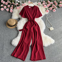 Retro Fashionable Temperament V-neck Short-sleeved Waist Jumpsuit