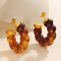 Fashionable Amber Twisted Resin Earrings For Women, Stainless Steel, Retro U-Shaped, High-End Design