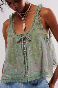Solid-color Sweet Slim-fit Buttoned Lace-trimmed Patchwork Mini Vest Top