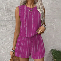 Womens Casual Striped Sleeveless Fashion Top And Shorts Two-Piece Set