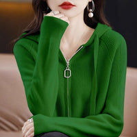 Womens Loose-Fit Zip-Up Hooded Outer Sweater