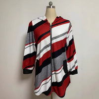 European And American Loose Striped Hooded Zip Long Sleeve Coat