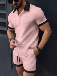 Mens Casual Color-Block Short-Sleeve Shirt And Shorts Beach Set