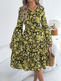 Women's Vintage Bell Sleeve Ruffle Trim Tie Waist A-Line Dress