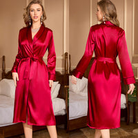 Red Ice-silk Long-sleeve Nightgown Morning Robe With A Luxurious Satin Feelelegant Loungewear For The Home