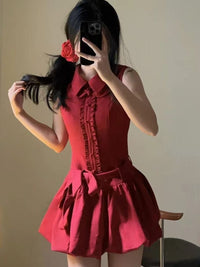 Elegant Red Shirt-bloom Dress For Women