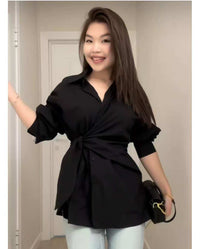 Turn-down Collar Single-breasted Tie-waist Slimming Shirt