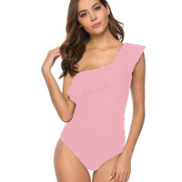 Women's Single Shoulder Lotus Leaf Edge Solid Color Swimsuit