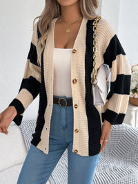 Women Color Block Stripe Bell Sleeve Long Sleeve Cardigan Sweater Coat