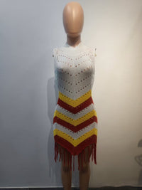 Womens Fashion High-Neck Sleeveless Hollow-Out Knitted Dress