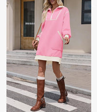 Sports Style Half Zip V Neck Long Sleeve Color Block Loose Dress